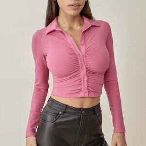 Reformation Pink Elin Knit Top Ribbed Long Sleeve Cropped Button Down Size XS